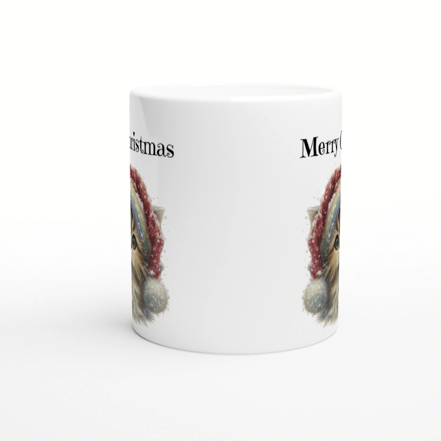 White ceramic mug with a wraparound festive design: a partial furry animal face in a Santa hat and Merry Christmas text.