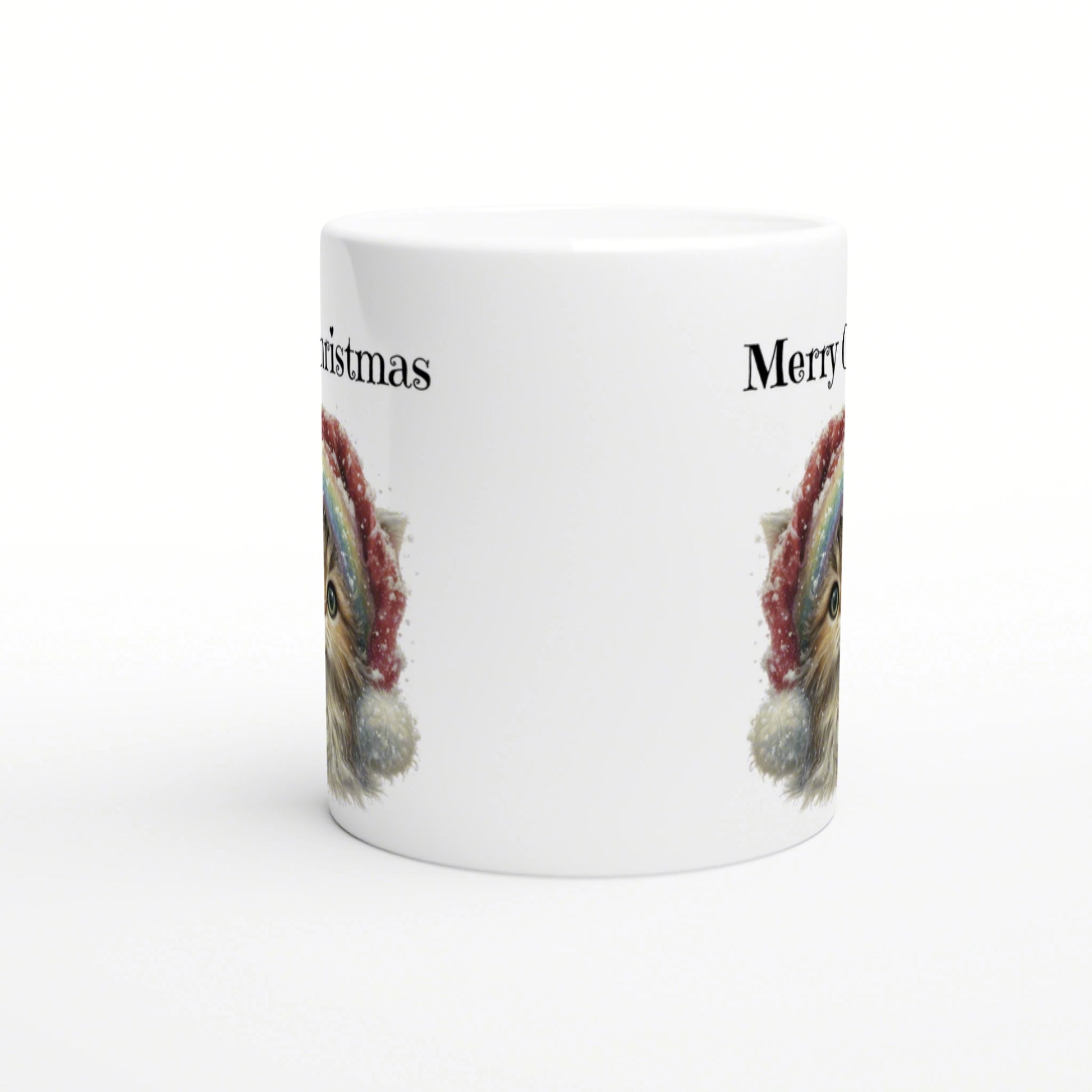 White ceramic mug with a wraparound festive design: a partial furry animal face in a Santa hat and Merry Christmas text.