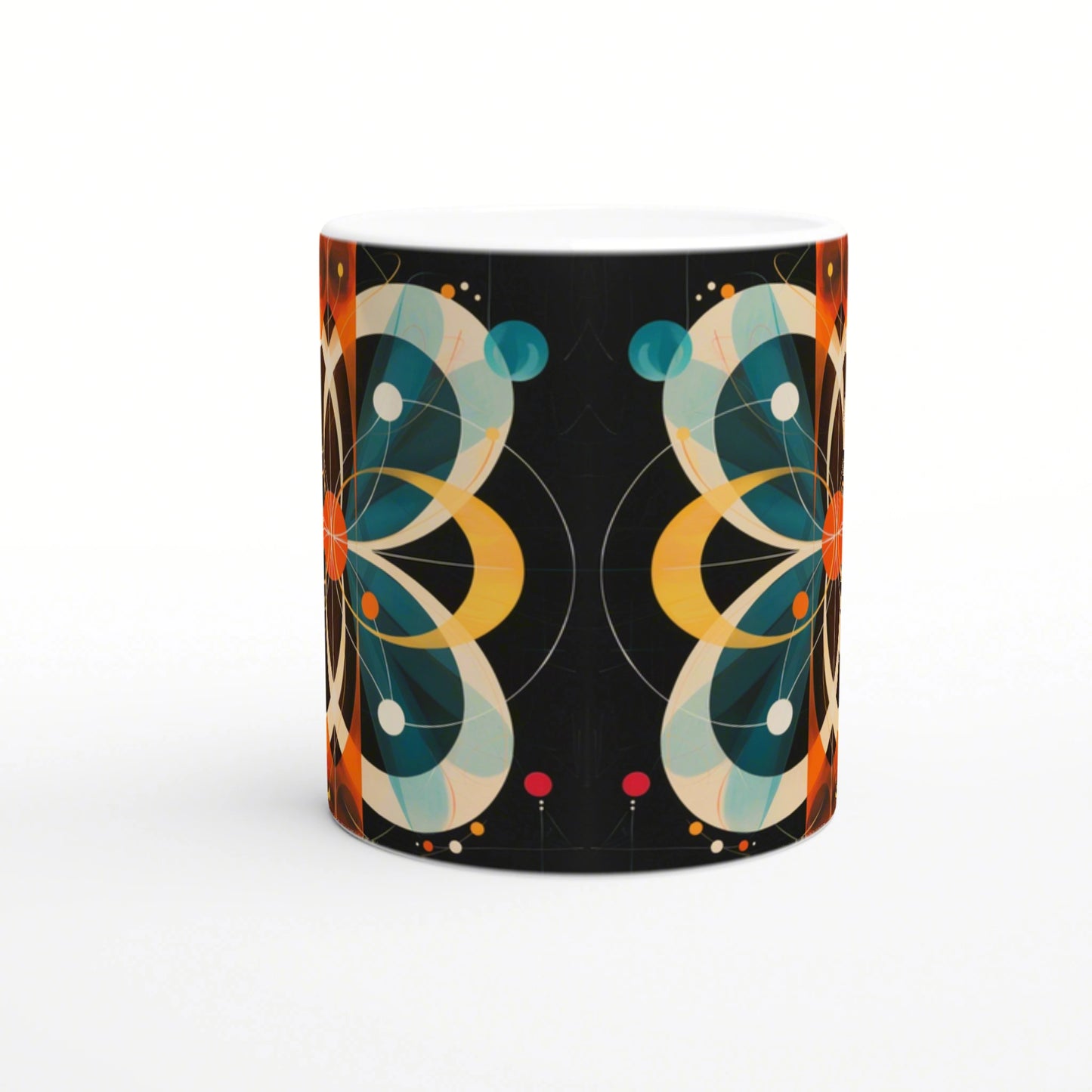 Front view mug with abstract geometric motif in teal, orange and cream on a black background; symmetrical circular shapes.
