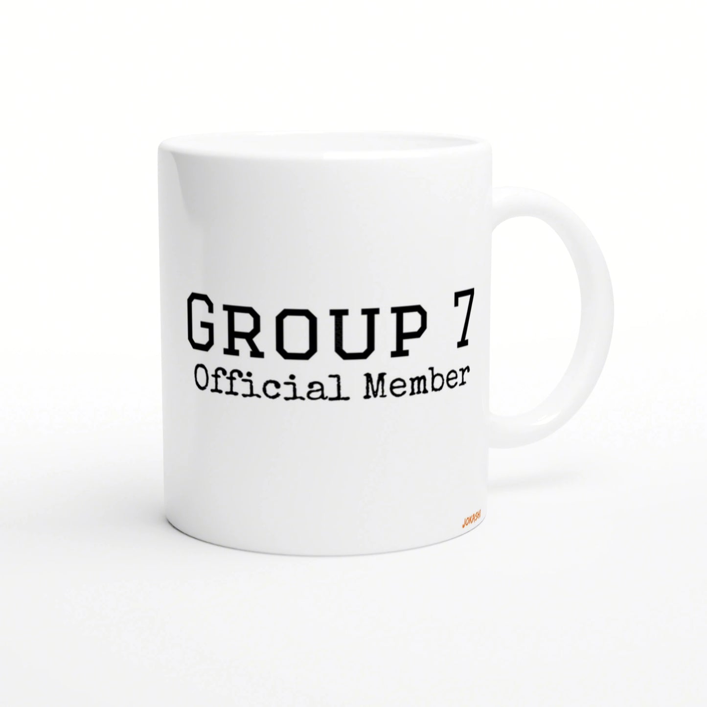 White ceramic mug featuring bold black text GROUP 7 Official Member on a clean product mockup.