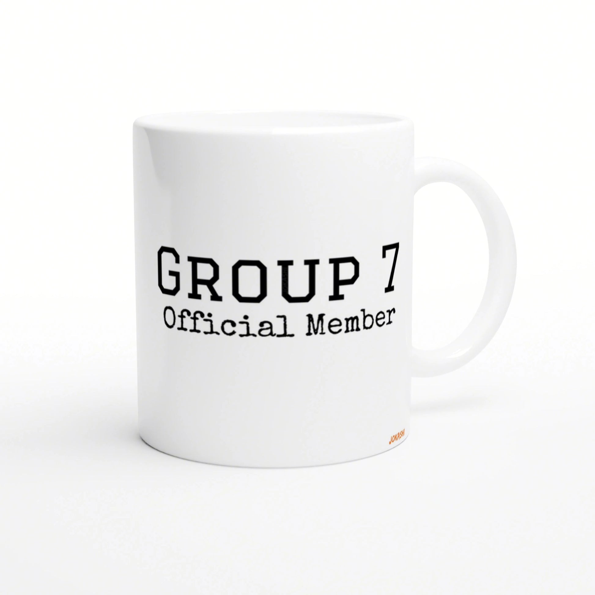 White ceramic mug featuring bold black text GROUP 7 Official Member on a clean product mockup.