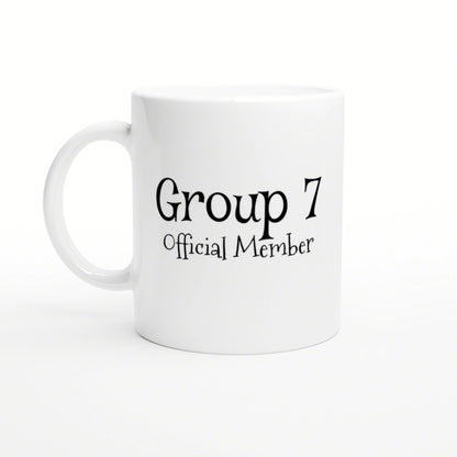 White ceramic mug displaying the text 'Group 7 Official Member' in decorative black font; product mockup.