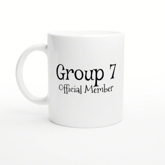White ceramic mug displaying the text 'Group 7 Official Member' in decorative black font; product mockup.