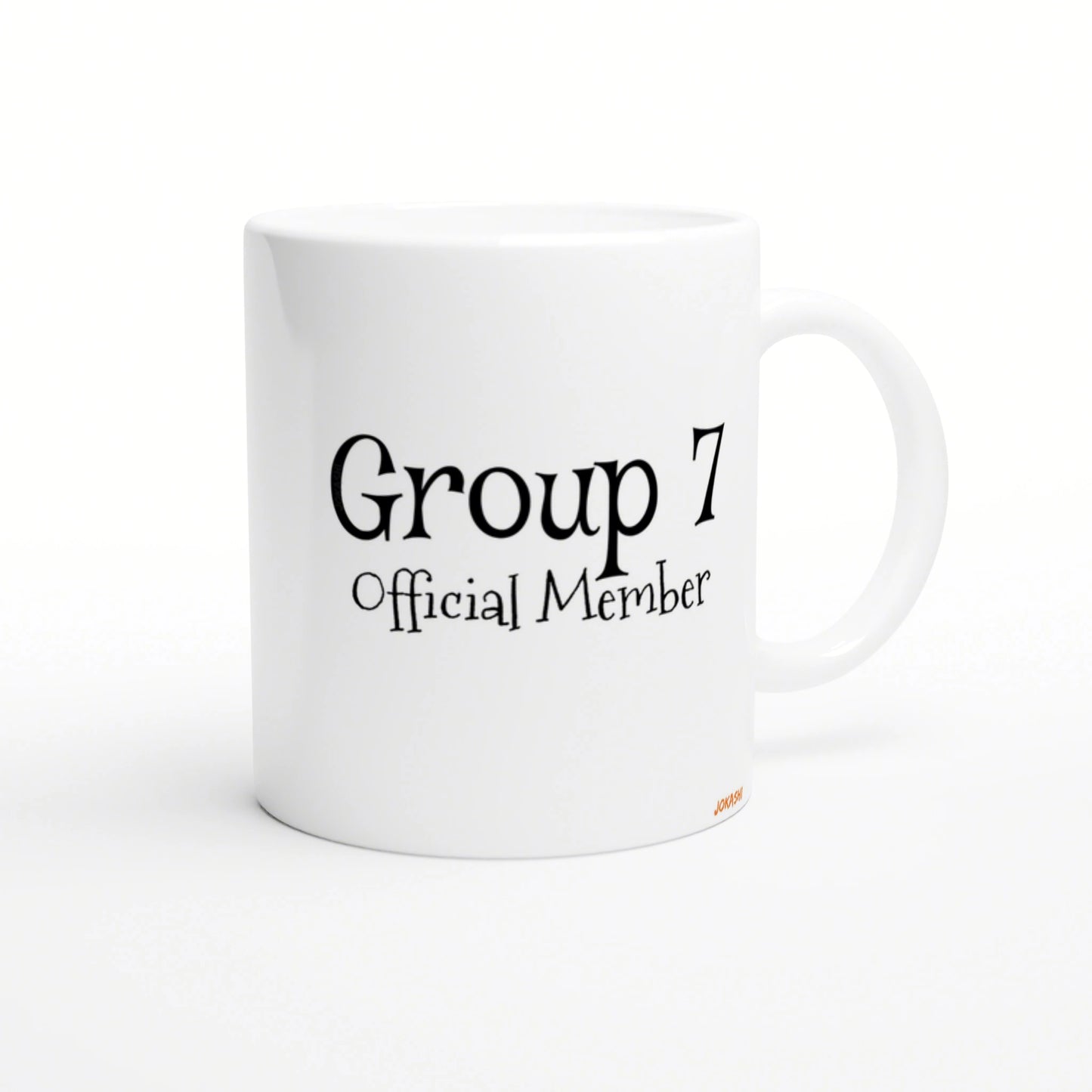 White ceramic mug mockup with black text 'Group 7 Official Member' in a decorative serif font.