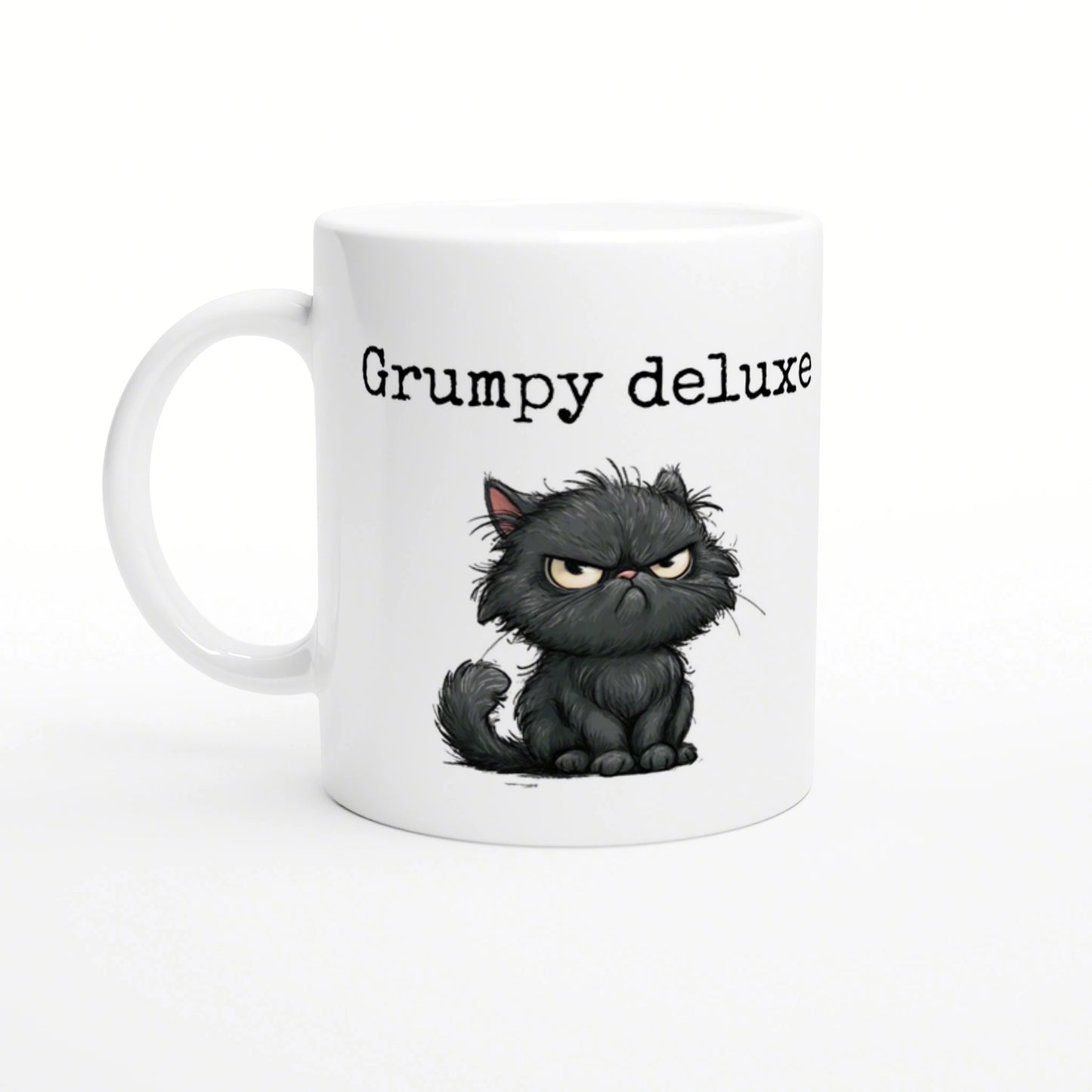 Product mockup: white ceramic mug featuring a grumpy cartoon black cat and the text Grumpy deluxe.