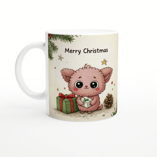 Kawaii pink fluffy creature on a Christmas mug, holding a gift with Merry Christmas text.