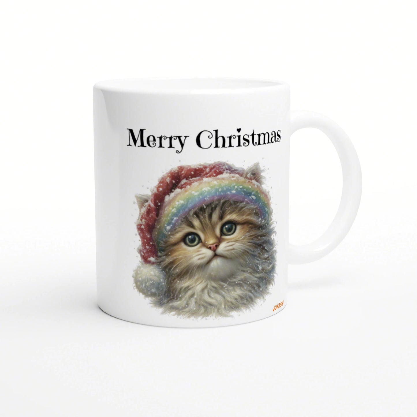 White ceramic mug mockup with 'Merry Christmas' text and a fluffy kitten wearing a red Santa hat.