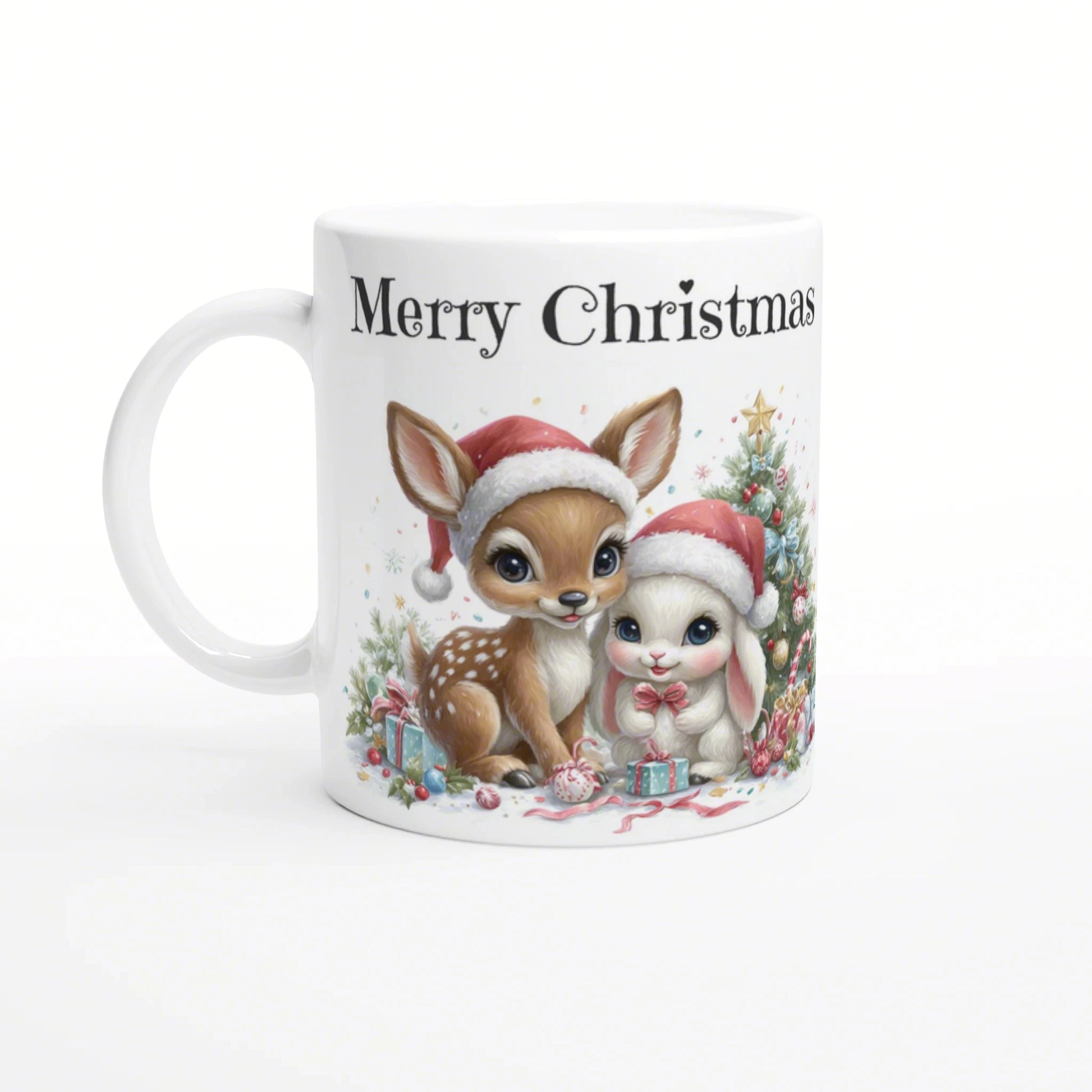 White ceramic mug with Merry Christmas featuring a deer and a bunny in Santa hats beside a Christmas tree.
