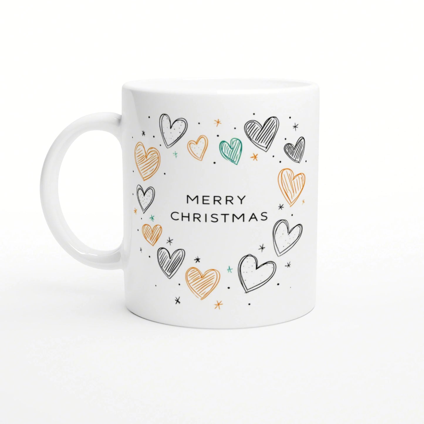 Product mockup: white ceramic mug with Merry Christmas text surrounded by hand-drawn multicolored hearts and tiny stars.