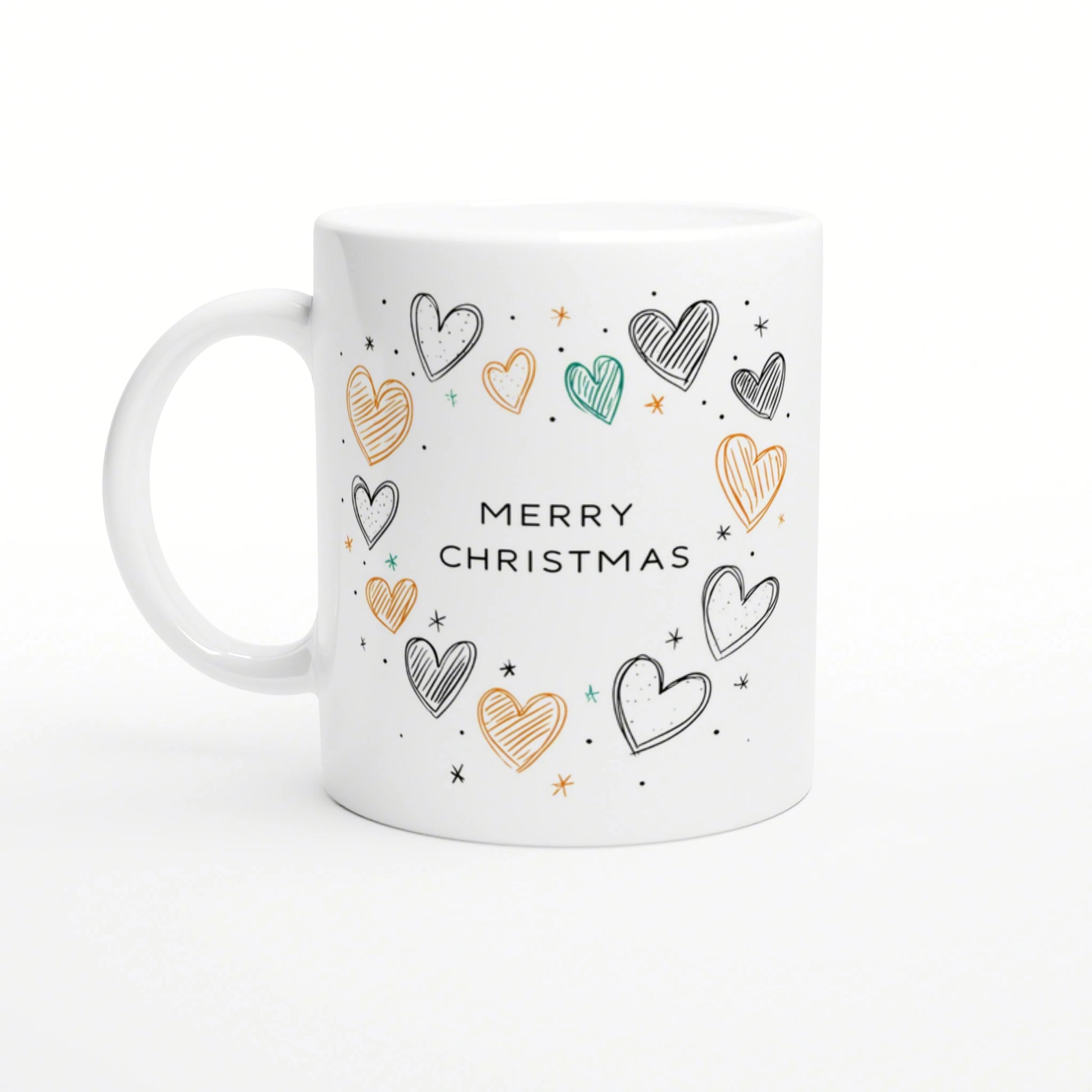 Product mockup: white ceramic mug with Merry Christmas text surrounded by hand-drawn multicolored hearts and tiny stars.