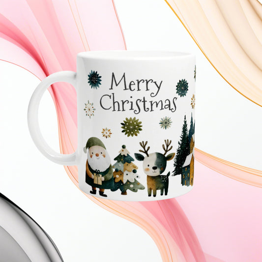 White ceramic mug with 'Merry Christmas' featuring Santa, a reindeer, Christmas trees, and decorative snowflakes.