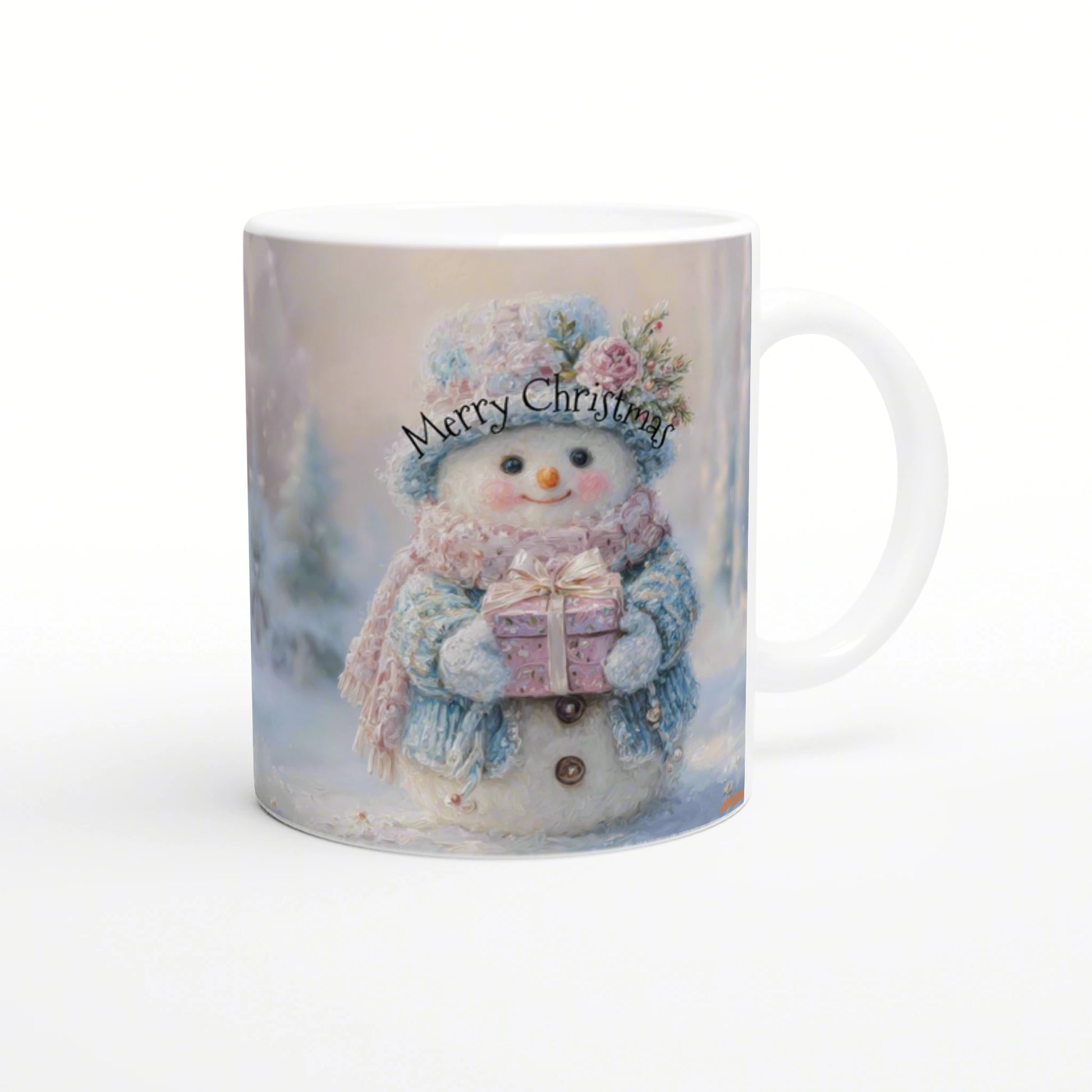 White mug featuring a cute snowman wearing a blue hat and scarf, holding a pink gift, with 'Merry Christmas' text in a snowy background.