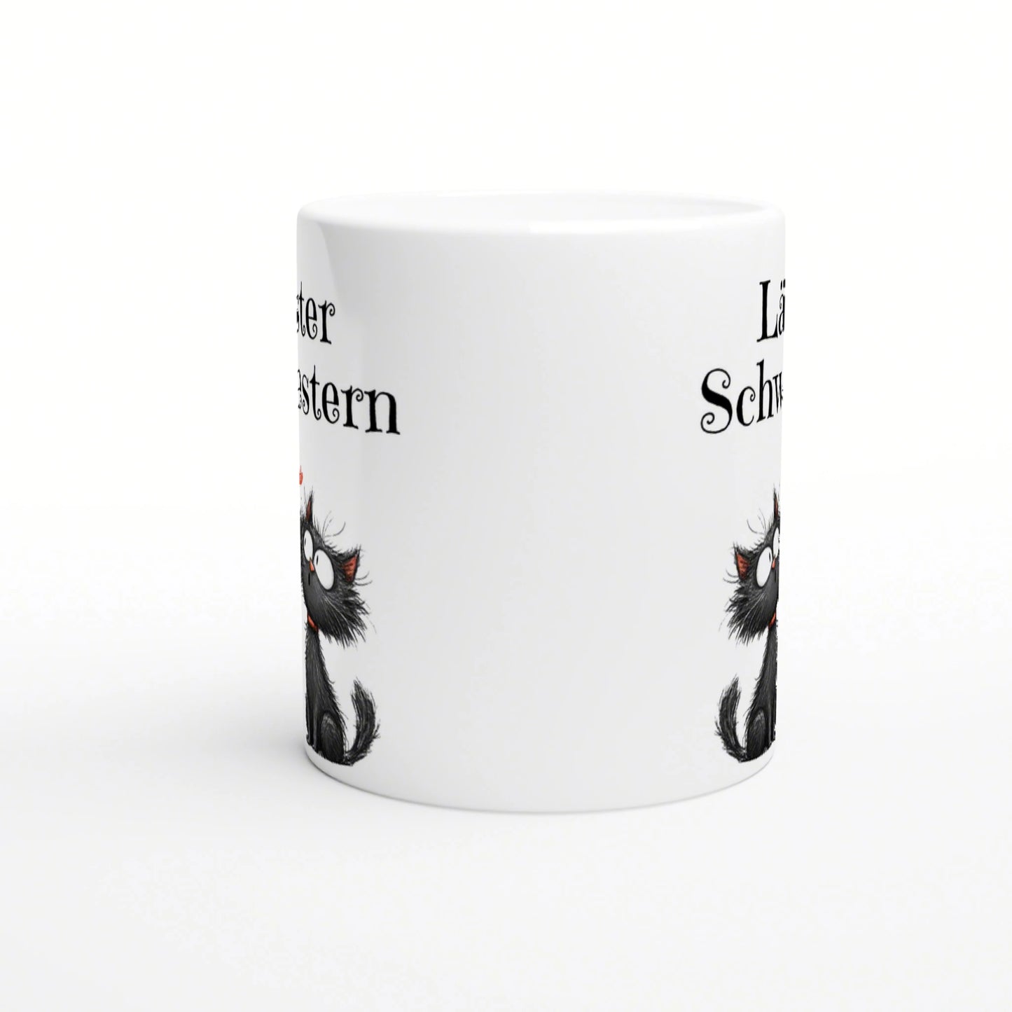 White ceramic mug mockup for product listing, featuring a black fluffy cat graphic at the lower edge and partial serif text along both sides.