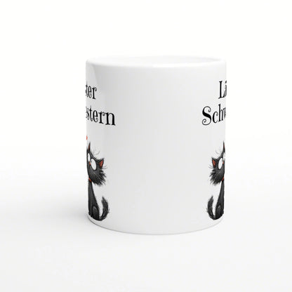 White ceramic mug mockup for product listing, featuring a black fluffy cat graphic at the lower edge and partial serif text along both sides.