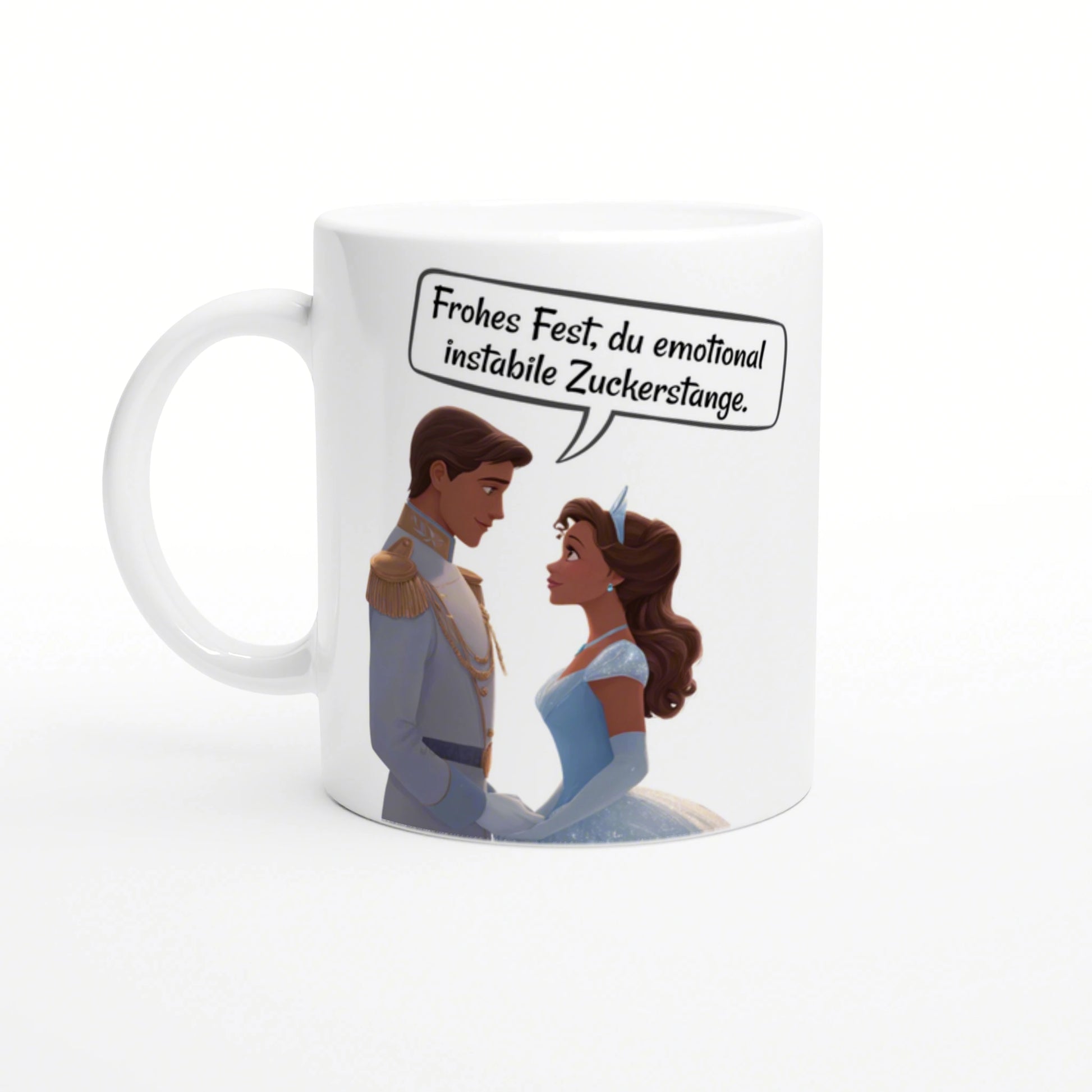 Mockup mug with a cartoon prince and princess; speech bubble reads a joke: Frohes Fest, du emotional instabile Zuckerstange