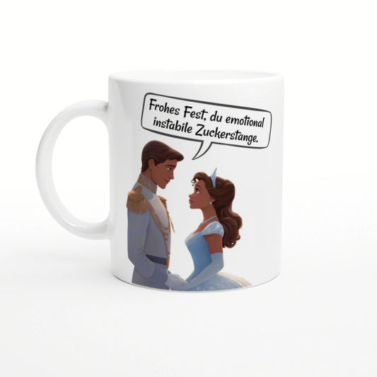 Mockup mug with a cartoon prince and princess; speech bubble reads a joke: Frohes Fest, du emotional instabile Zuckerstange