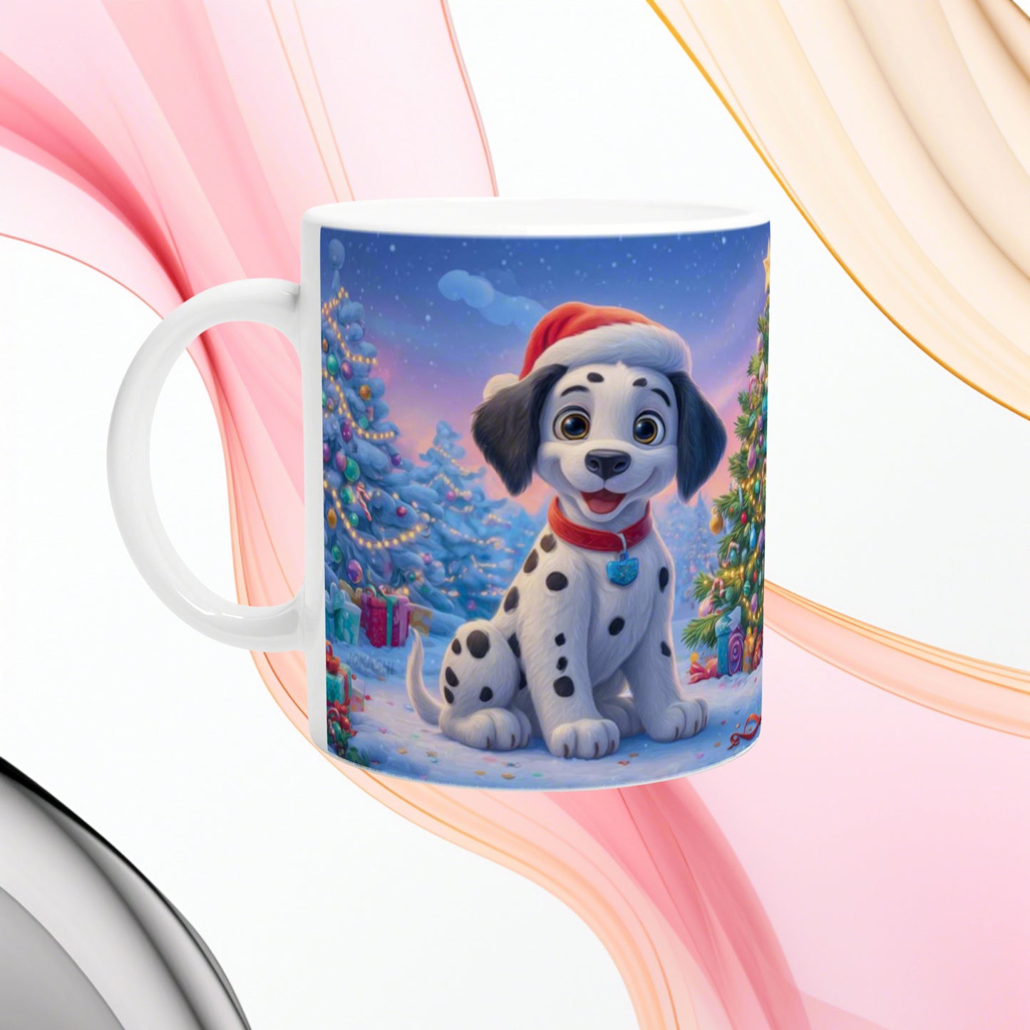 Mockup mug featuring a cute Dalmatian puppy in a Santa hat on a snowy Christmas scene with trees and gifts.