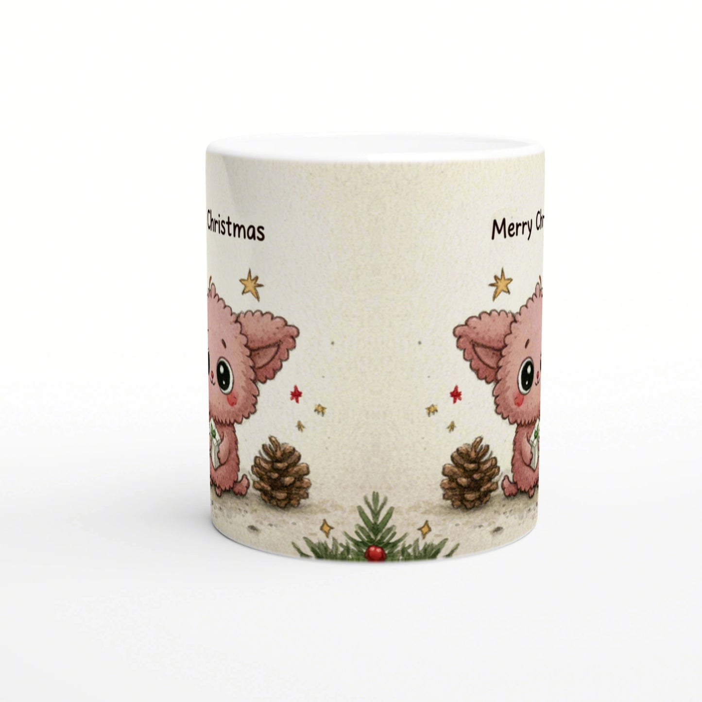 Mockup mug featuring pink fluffy creatures, pinecones, a small Christmas tree and stars on beige; text reads 'Christmas' and 'Merry Ch'.