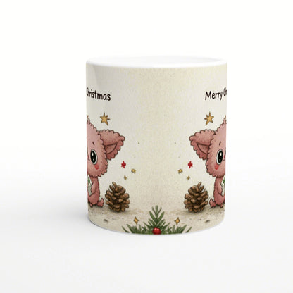 Mockup mug featuring pink fluffy creatures, pinecones, a small Christmas tree and stars on beige; text reads 'Christmas' and 'Merry Ch'.