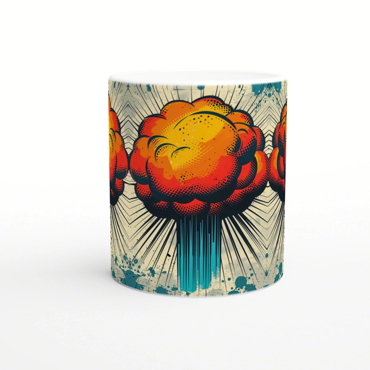 Mockup mug with pop-art explosion graphic: orange-yellow cloud, blue base, and radiating lines on a comic-style background.