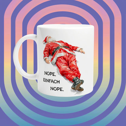Product mockup mug featuring a Santa Claus illustration and the slogan 'NOPE. EINFACH NOPE.' on a colorful retro spiral background.