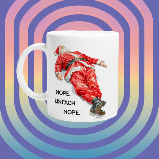 Product mockup mug featuring a Santa Claus illustration and the slogan 'NOPE. EINFACH NOPE.' on a colorful retro spiral background.