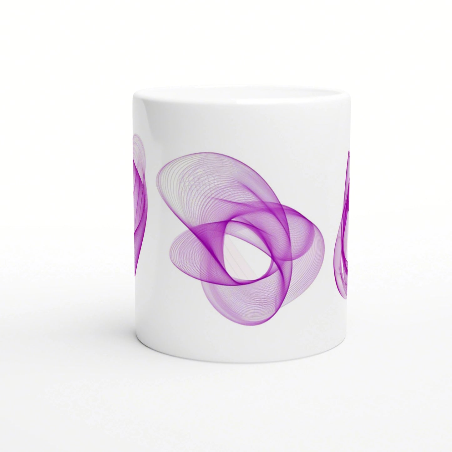 Mockup of a white ceramic mug with a purple abstract swirl pattern wrapping around the side.
