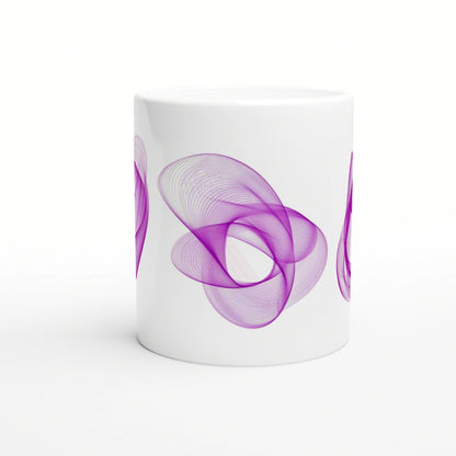 Mockup of a white ceramic mug with a purple abstract swirl pattern wrapping around the side.