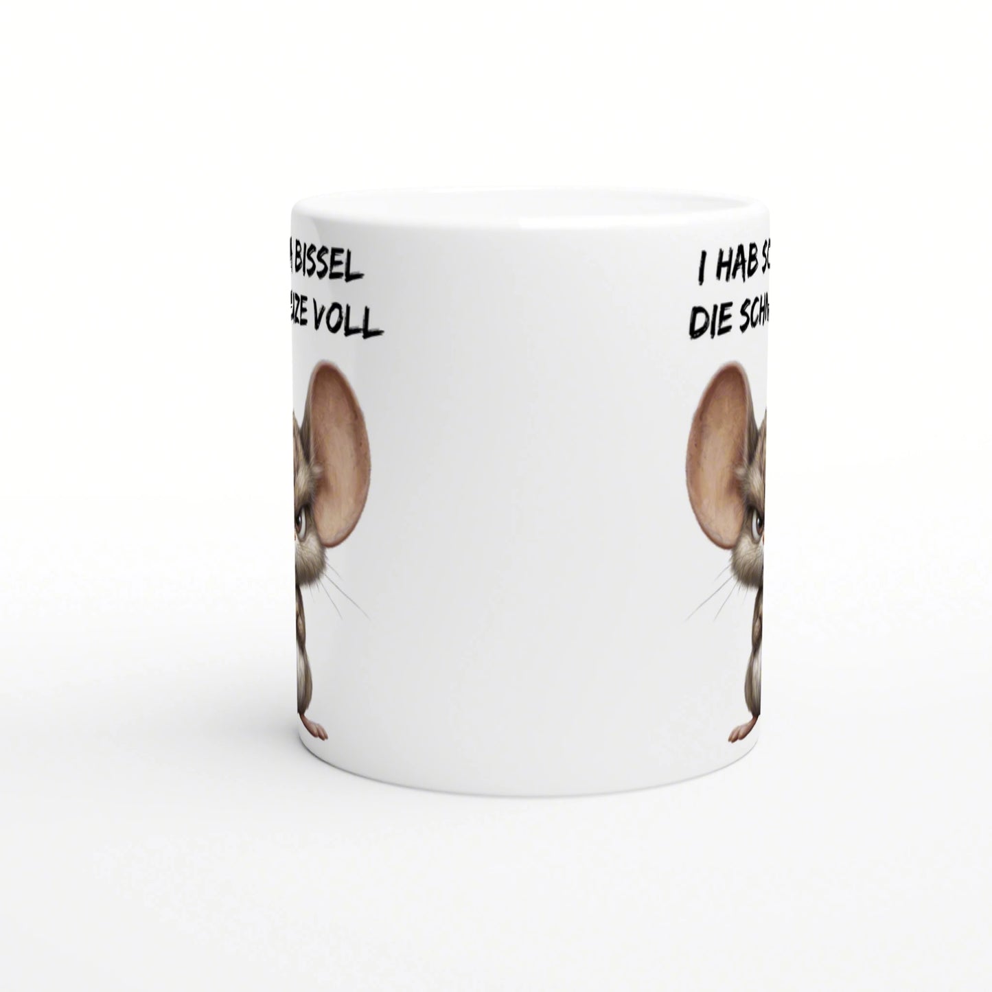 Mockup of a white mug featuring a cartoon mouse peeking from the sides and partially visible slogan text around the rim.