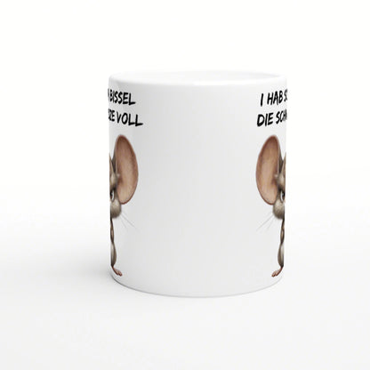 Mockup of a white mug featuring a cartoon mouse peeking from the sides and partially visible slogan text around the rim.