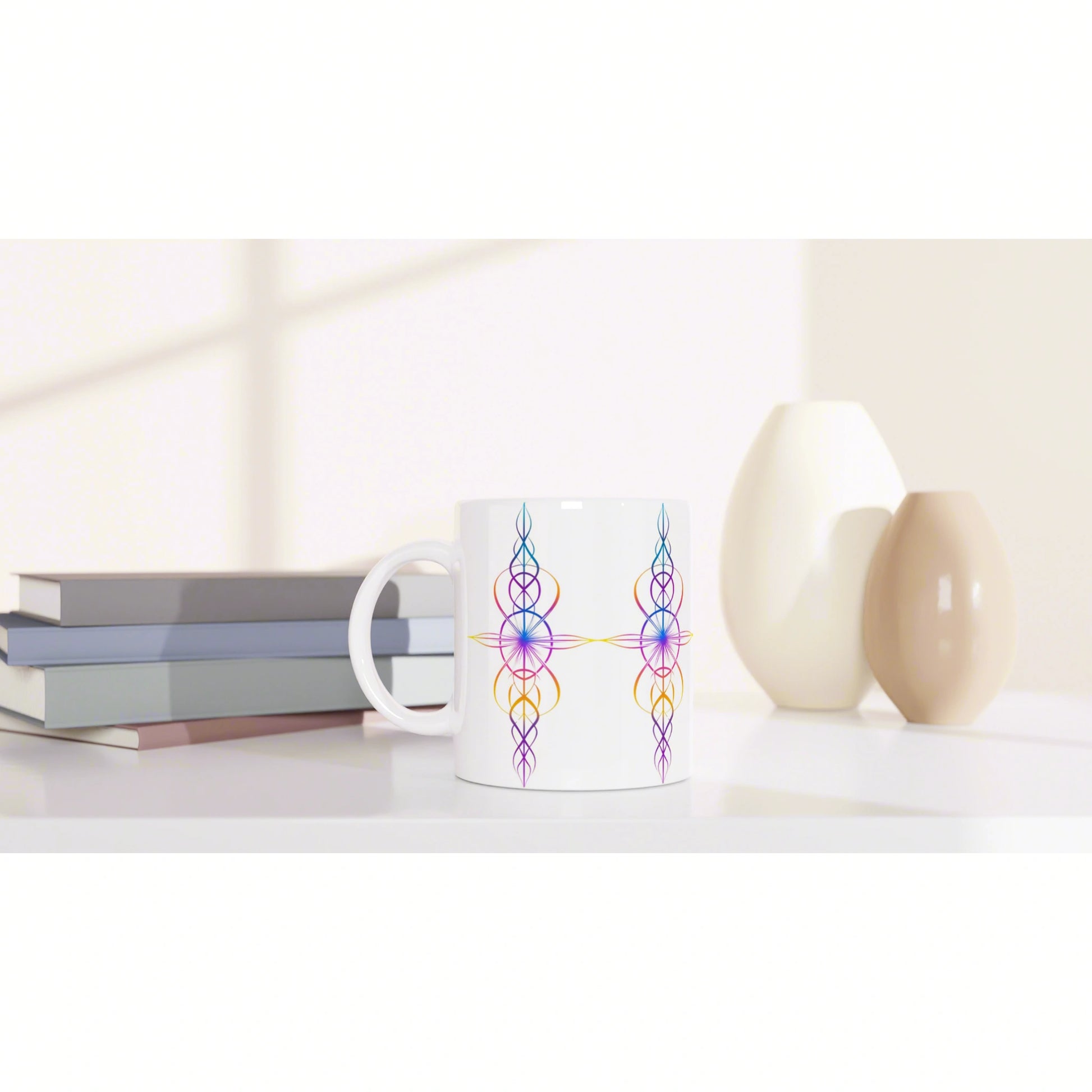 Mockup of a white ceramic mug with a colorful geometric mandala pattern, placed on a shelf beside books and decorative vases.