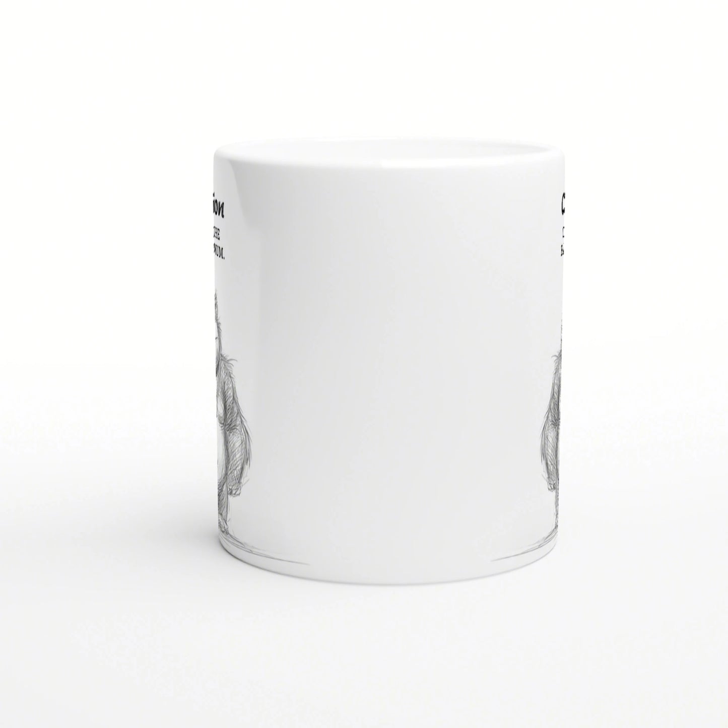 Mockup of a white ceramic mug with partial black line-art palm trees along the sides; product image for a shop selling funny slogans.