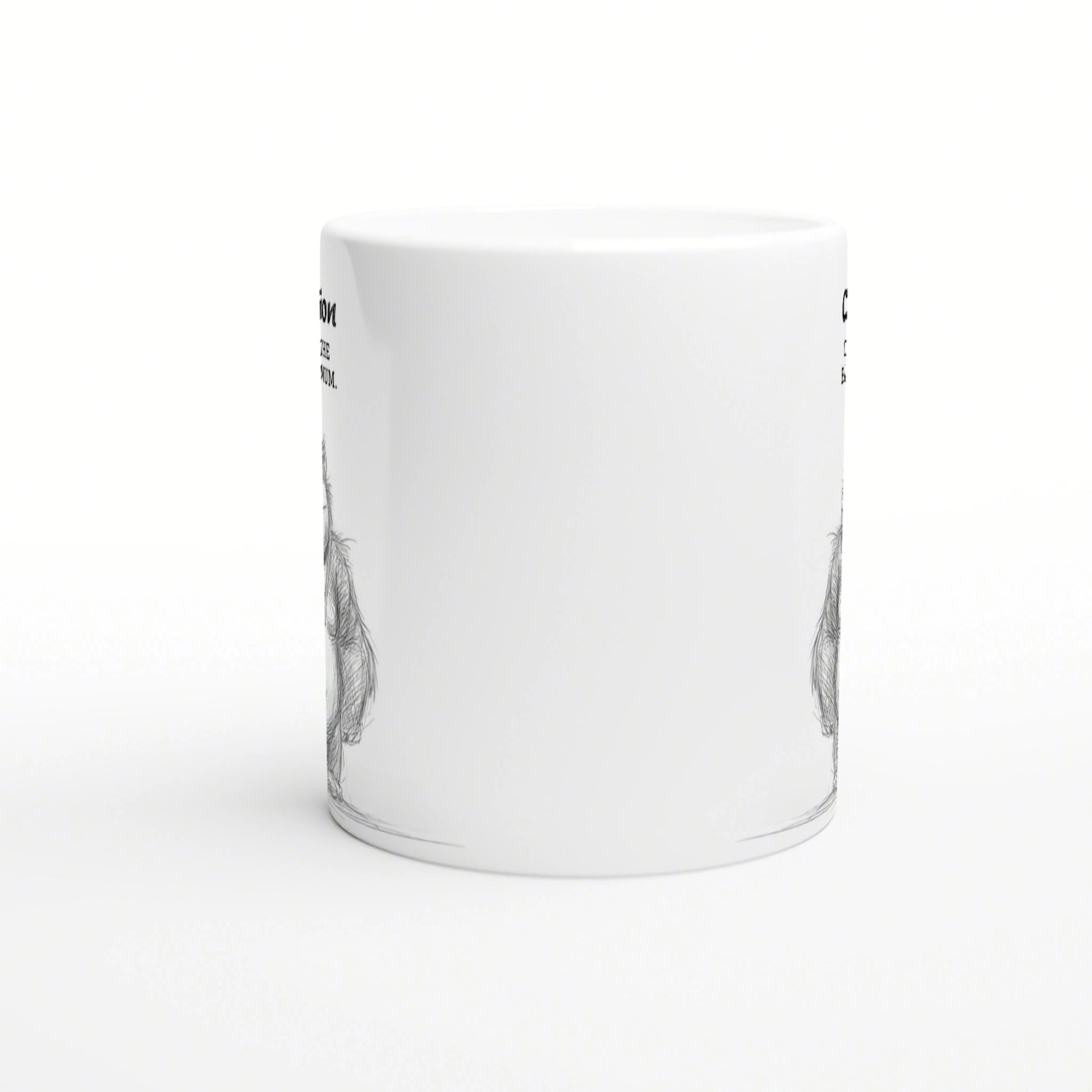 Mockup of a white ceramic mug with partial black line-art palm trees along the sides; product image for a shop selling funny slogans.