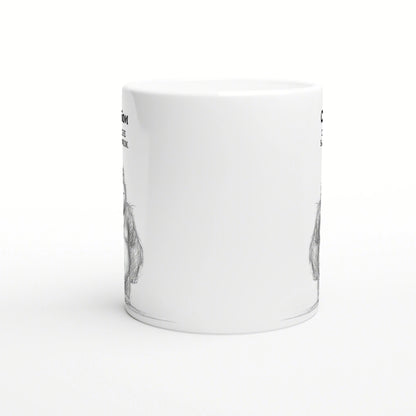Mockup of a white ceramic mug with partial black line-art palm trees along the sides; product image for a shop selling funny slogans.
