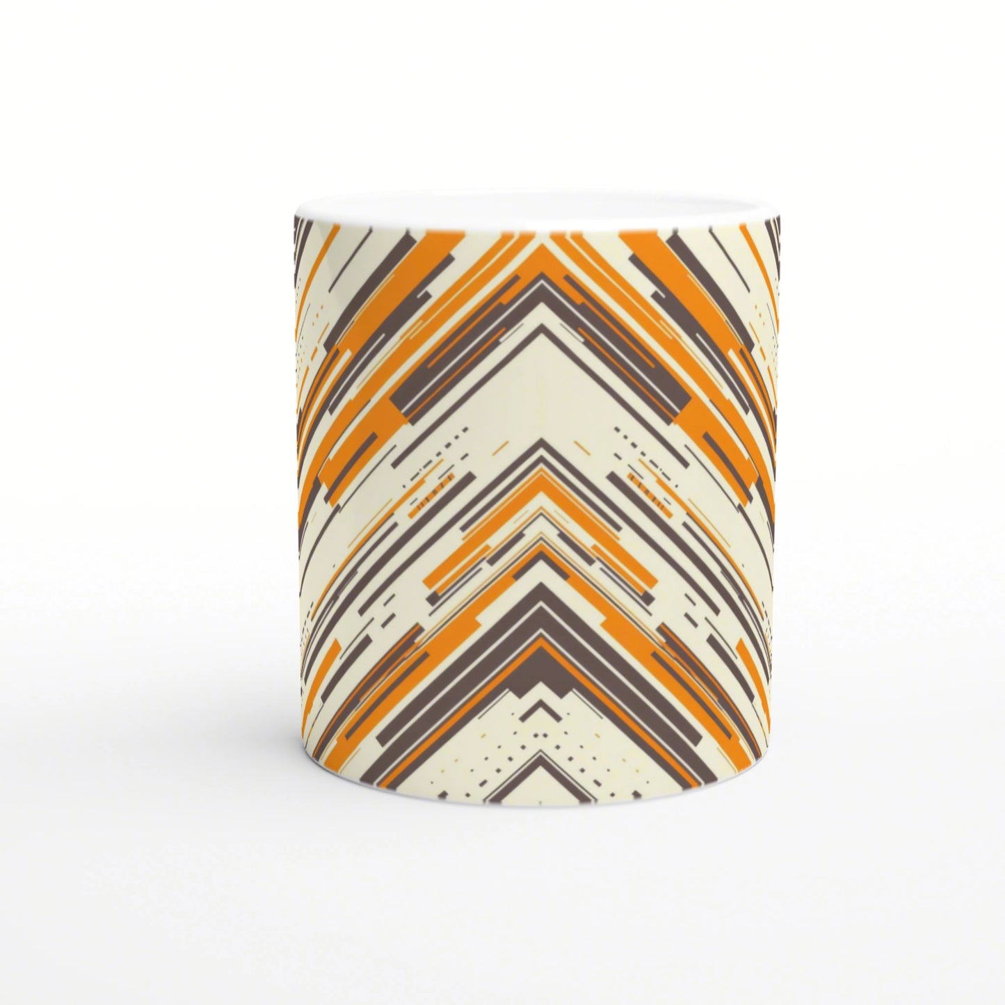 Mockup of a white mug with an orange-brown geometric chevron pattern wrapping around its surface.