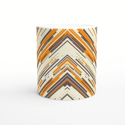 Mockup of a white mug with an orange-brown geometric chevron pattern wrapping around its surface.