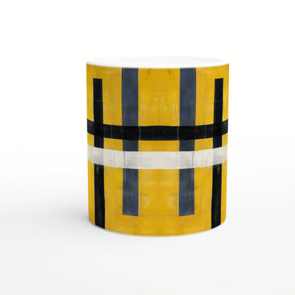 Mug with bold abstract pattern: yellow background, black vertical and horizontal bands, and blue-gray accents.