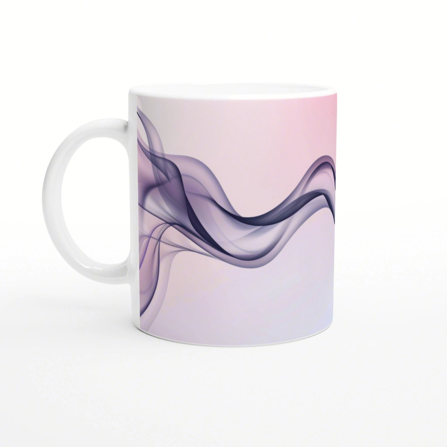 White mug with purple abstract smoke design on a pastel pink background; product mockup.
