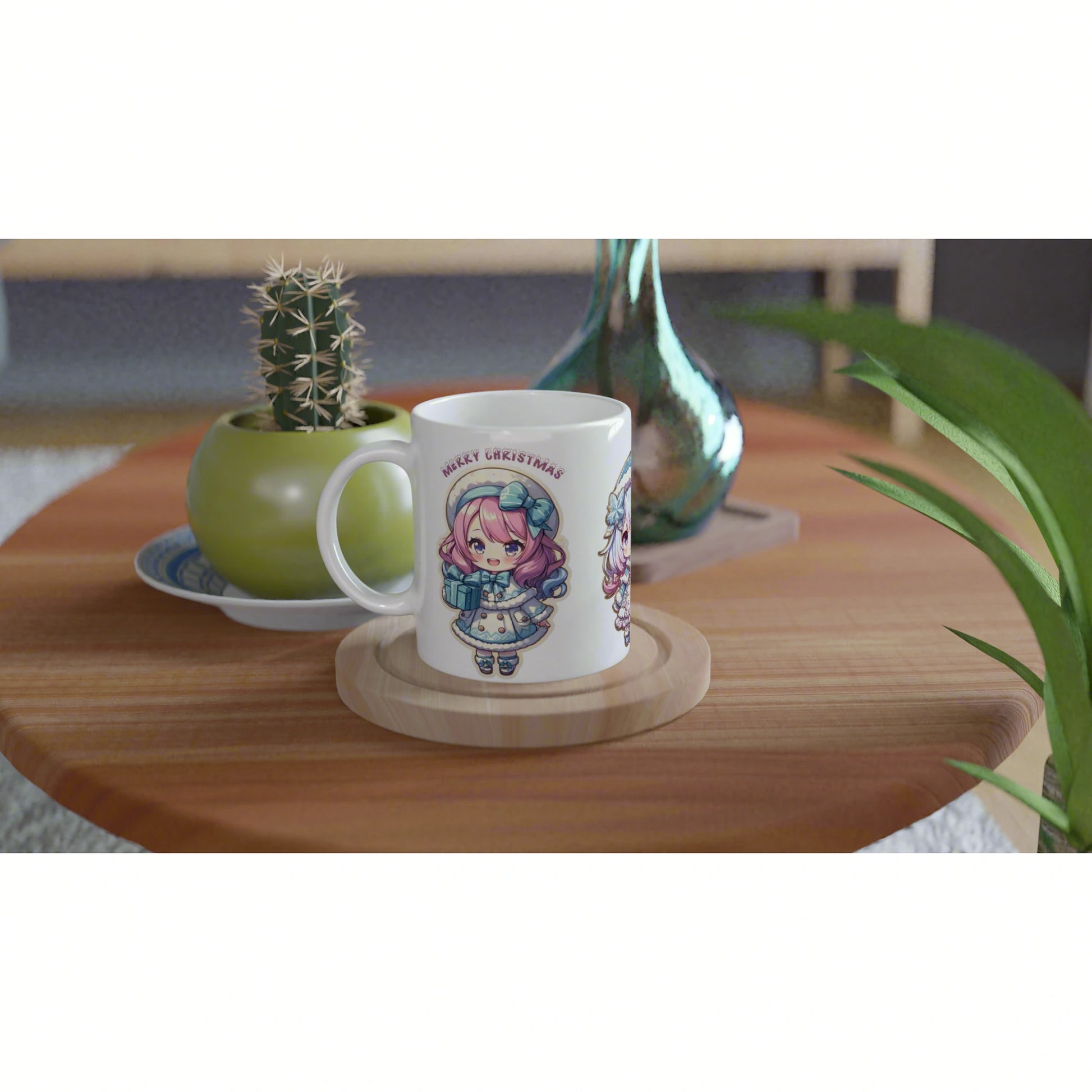 White mug with a cute anime-style Christmas girl design on a wooden coaster beside a cactus.