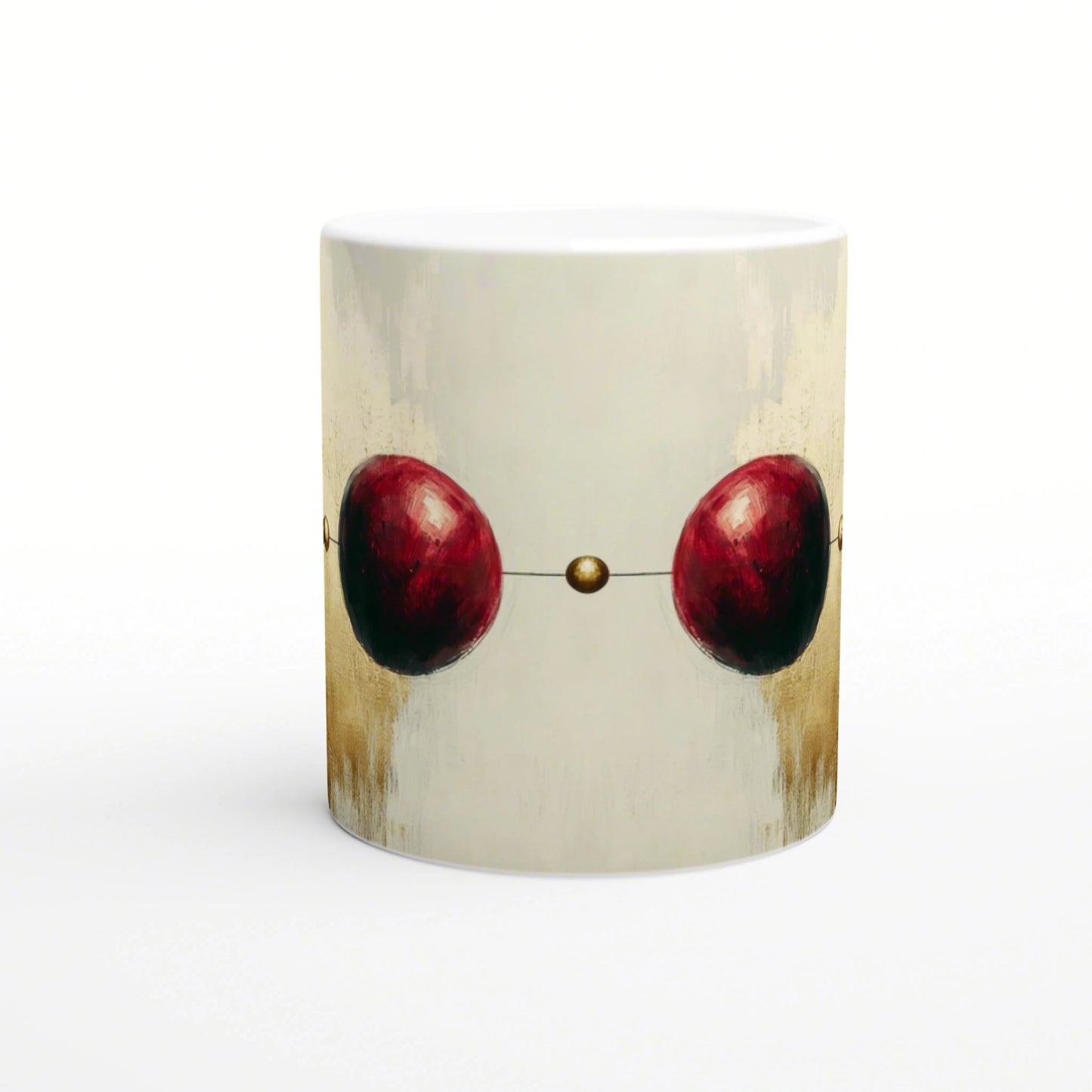 Mug with a beige textured background and two red oval shapes linked by a thin line and a small gold dot.