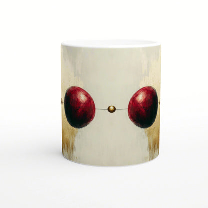 Mug with a beige textured background and two red oval shapes linked by a thin line and a small gold dot.