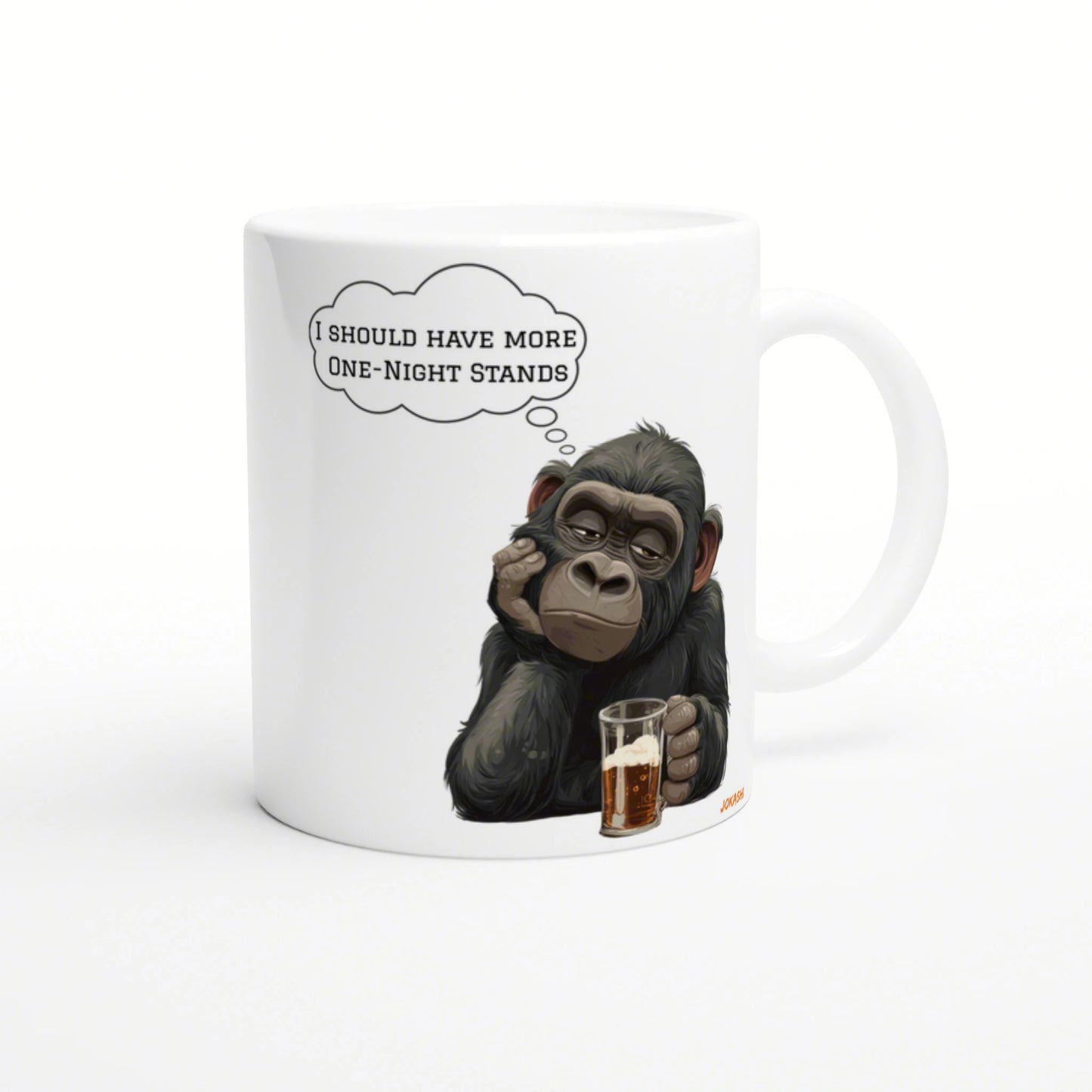 Mug featuring a cartoon chimpanzee holding a beer with a thought bubble reading I SHOULD HAVE MORE ONE-NIGHT STANDS.