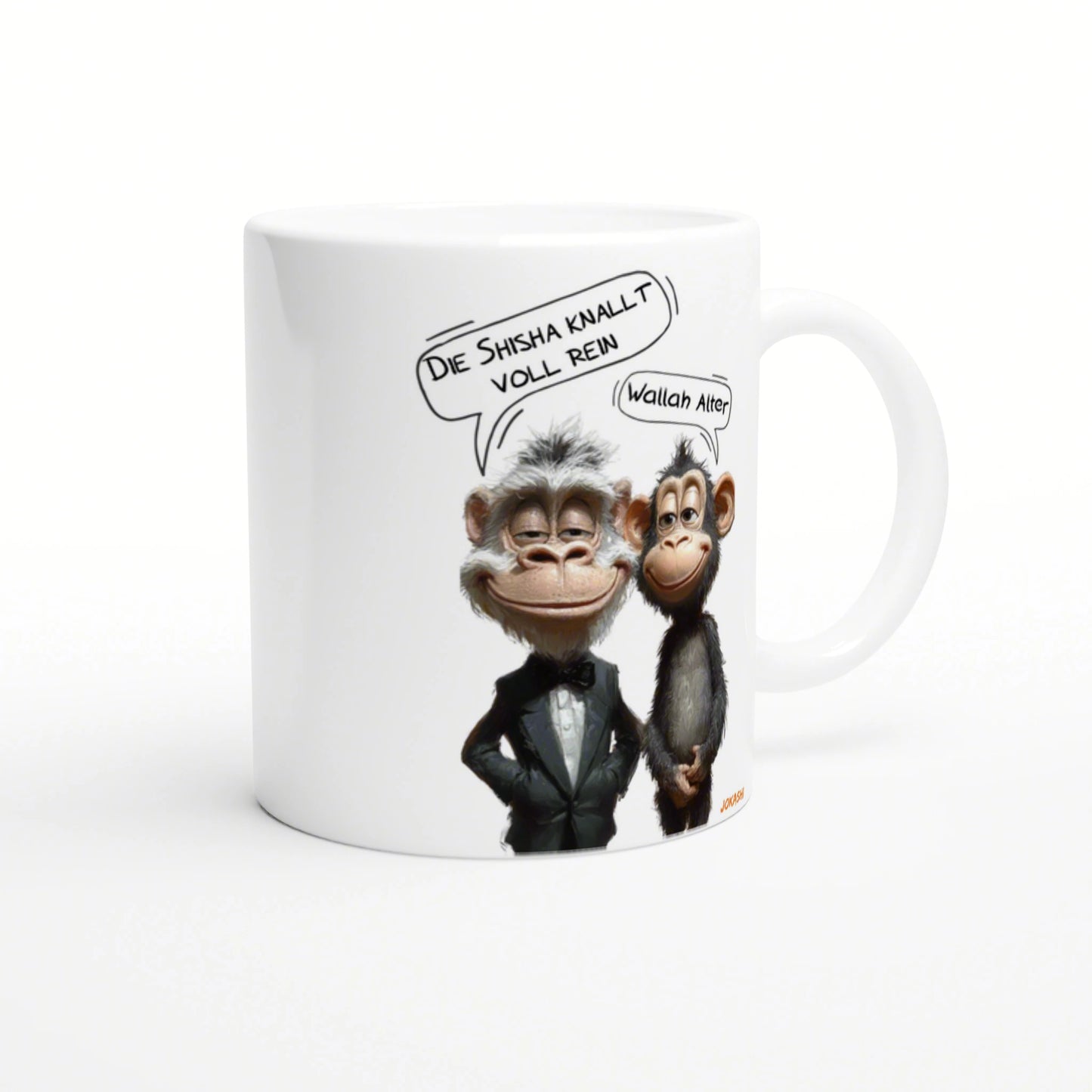 White mug mockup showing two cartoon chimpanzees; one in a tuxedo, with German speech bubbles reading 'Die Shisha knallt voll rein' and 'Wallah Alter'.