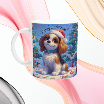 Mug featuring a cute puppy in a Santa hat among Christmas trees with Merry Christmas text.