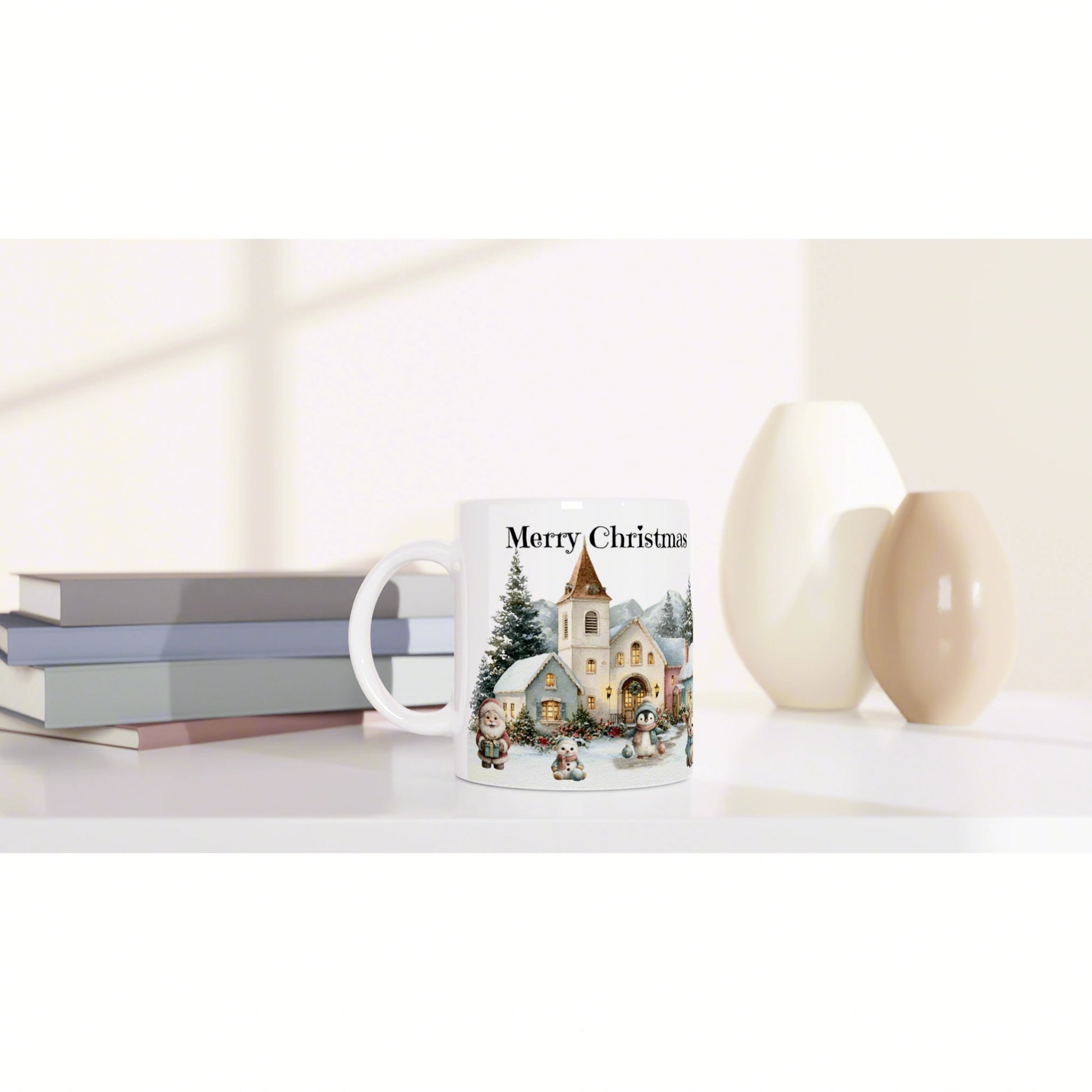 Mug featuring a Christmas village illustration and the text Merry Christmas, set on a shelf with books and decorative vases.