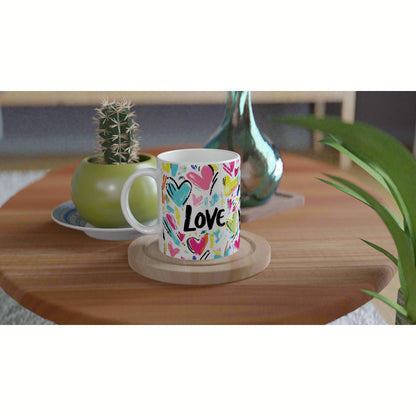 Mug with colorful hearts and the word Love on a wooden coaster, set on a table with plants in the background.