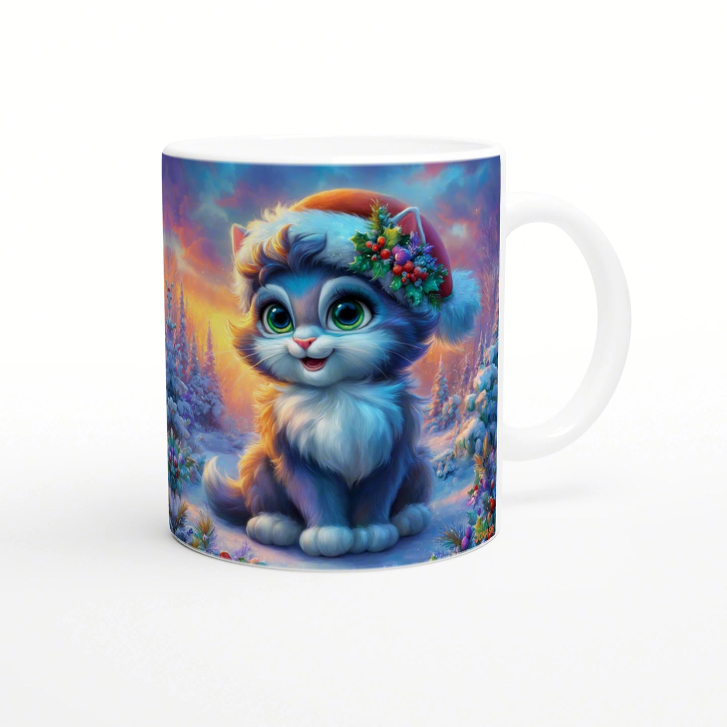 Mug with a cute blue kitten wearing a red Christmas hat with holly in a vibrant snowy winter scene.