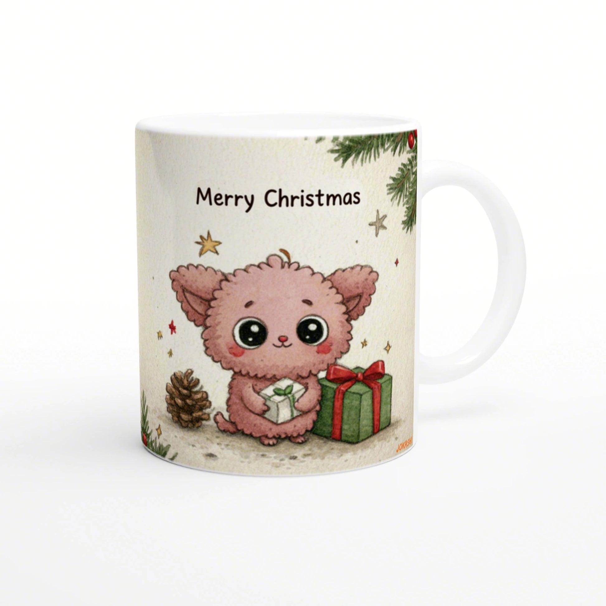 Mug mockup: a cute pink fluffy creature holding a wrapped gift under a Merry Christmas message, with pinecones and festive greenery.
