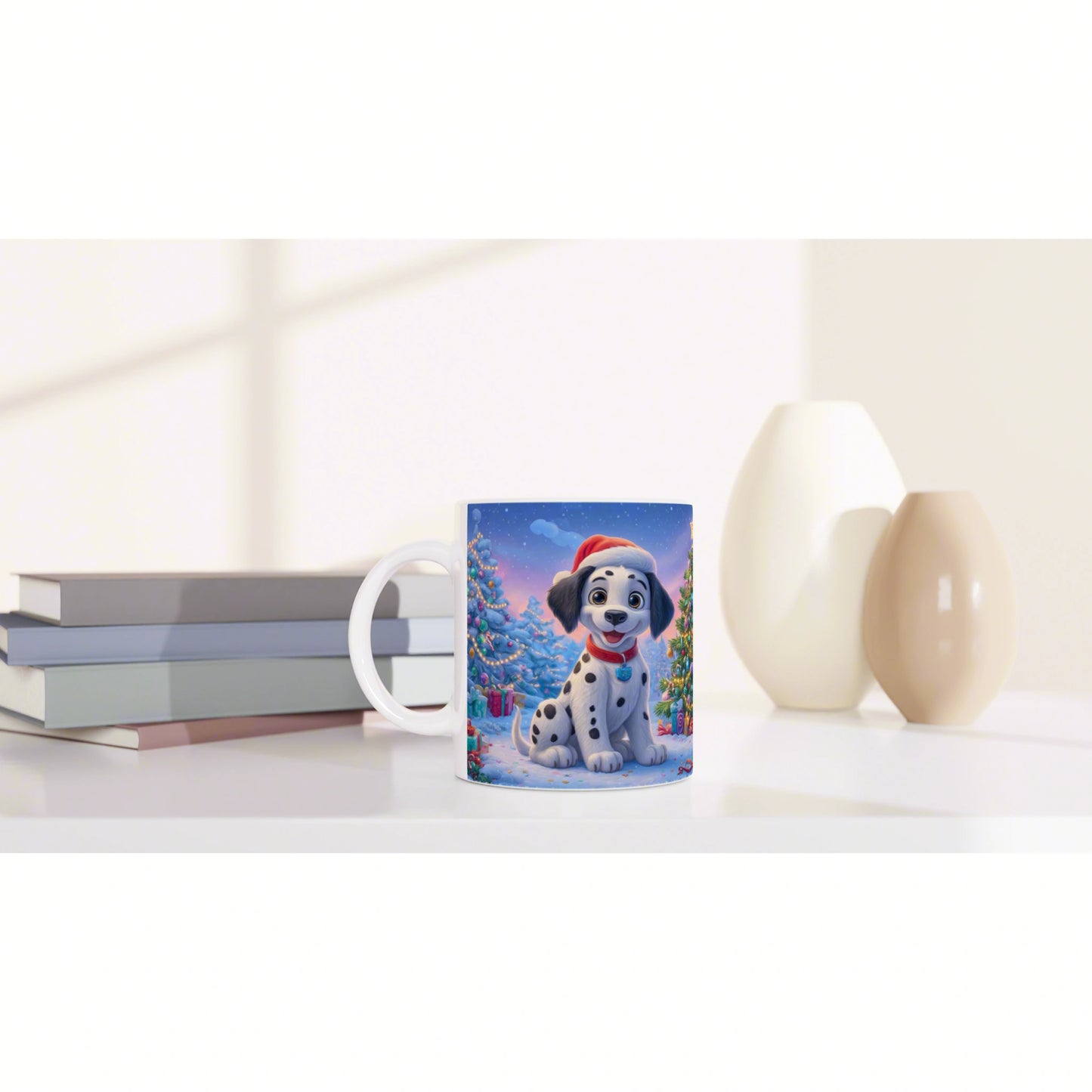 Mug featuring a Dalmatian wearing a Santa hat in a snowy Christmas scene; holiday product mockup.