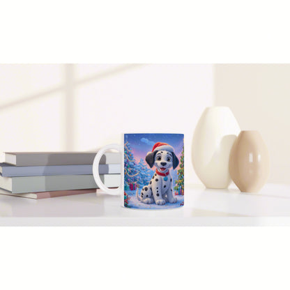 Mug featuring a Dalmatian wearing a Santa hat in a snowy Christmas scene; holiday product mockup.